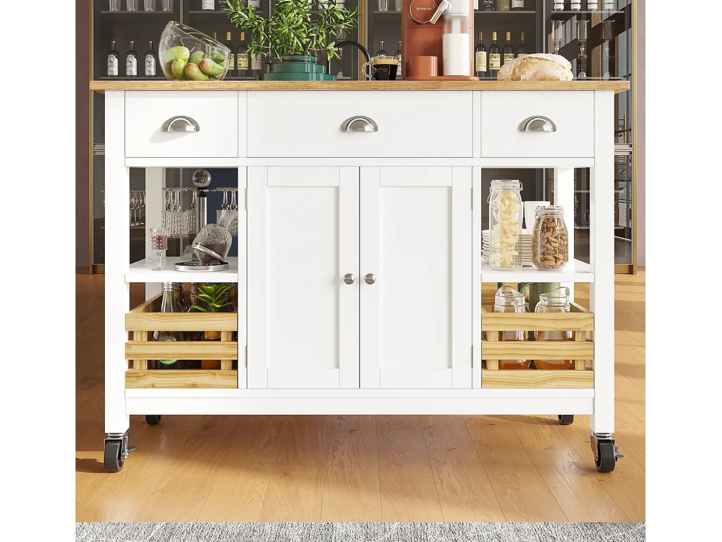 Isla central de cocina - carrito con ruedas y plancha extensible - 3 cajones y 2 puertas - Blanco