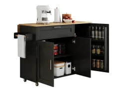 Isla central de cocina - con mostrador plegable - múltiples compartimentos de almacenamiento - Negro