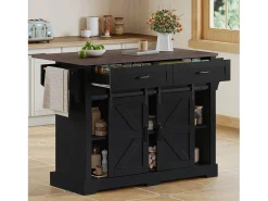 Isla central de cocina - encimera extensible - con toallero - con 2 cajones y 2 puertas - con ruedas - MDF - Negro