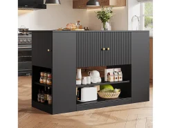 Isla central de cocina - Encimera extensible - 2 cajones y 3 puertas - Con estantes abiertos - MDF - negro