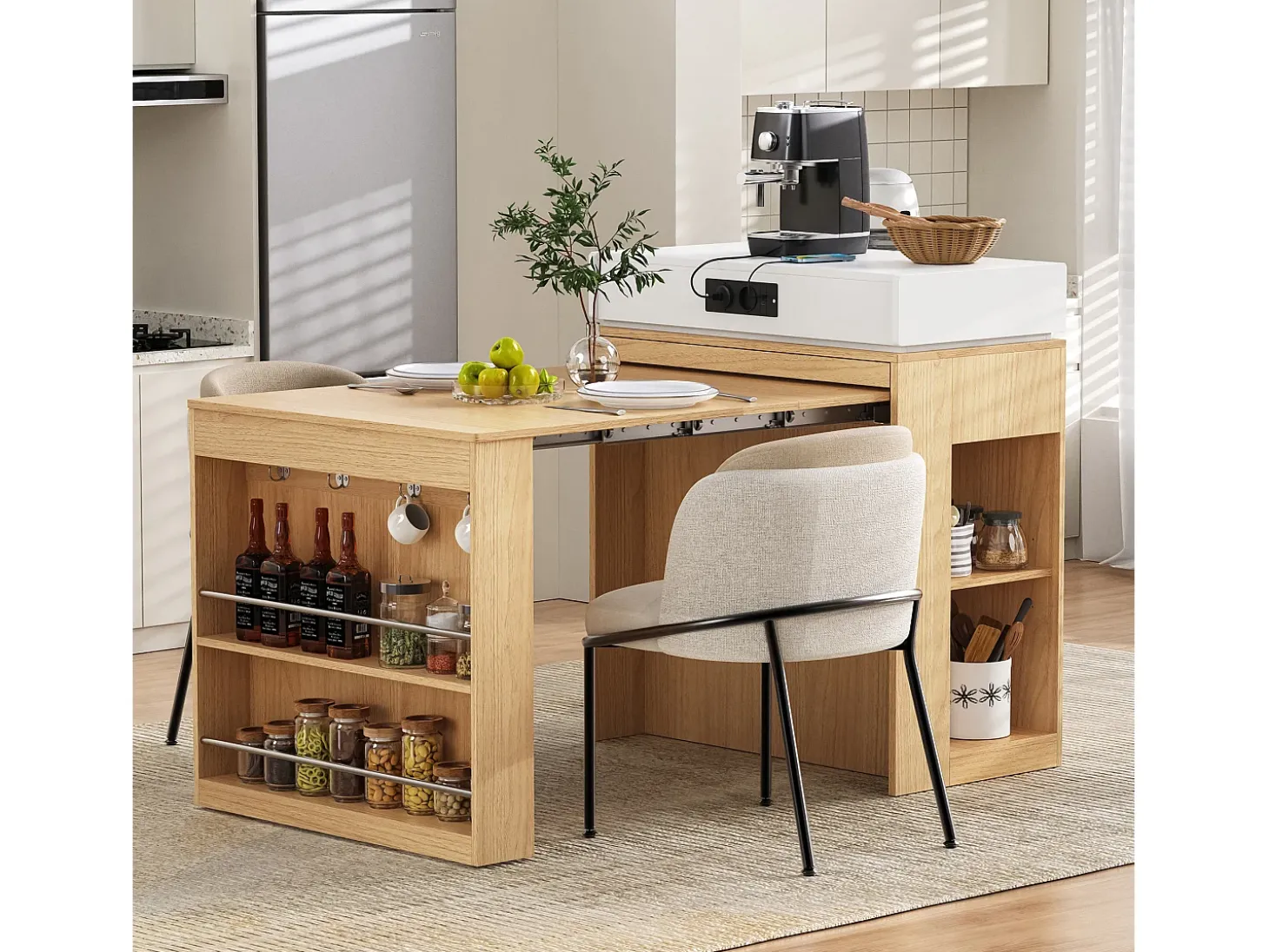 Isla central de cocina - mesa de comedor extensible - con toma de corriente - con ruedas y espacio de almacenamiento - con gancho - Natural