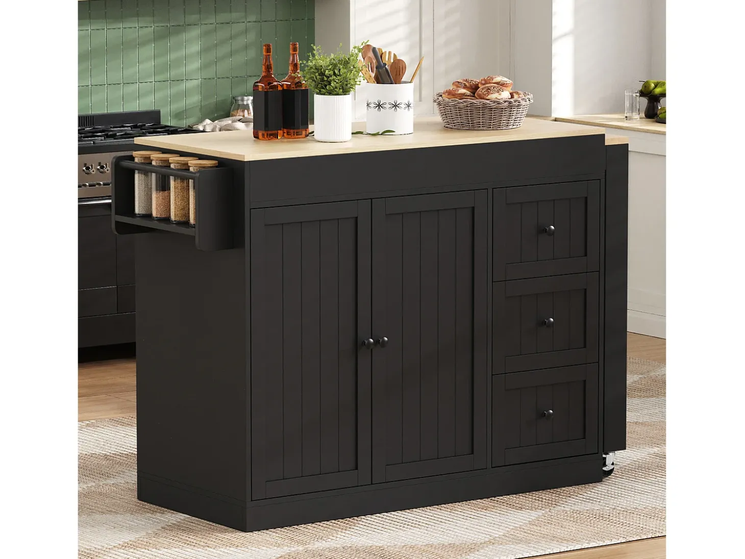 Isla central de cocina - mesa de comedor extensible - con 1 puerto USB y 1 puerto Type-C - con estante de especias y ruedas - Natural + Negro