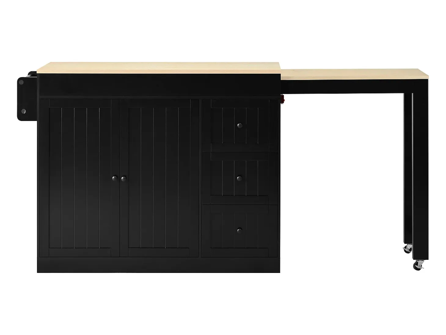 Isla central de cocina - mesa de comedor extensible - con 1 puerto USB y 1 puerto Type-C - con estante de especias y ruedas - Natural + Negro