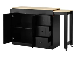 Isla central de cocina - mesa de comedor extensible - con 1 puerto USB y 1 puerto Type-C - con estante de especias y ruedas - Natural + Negro