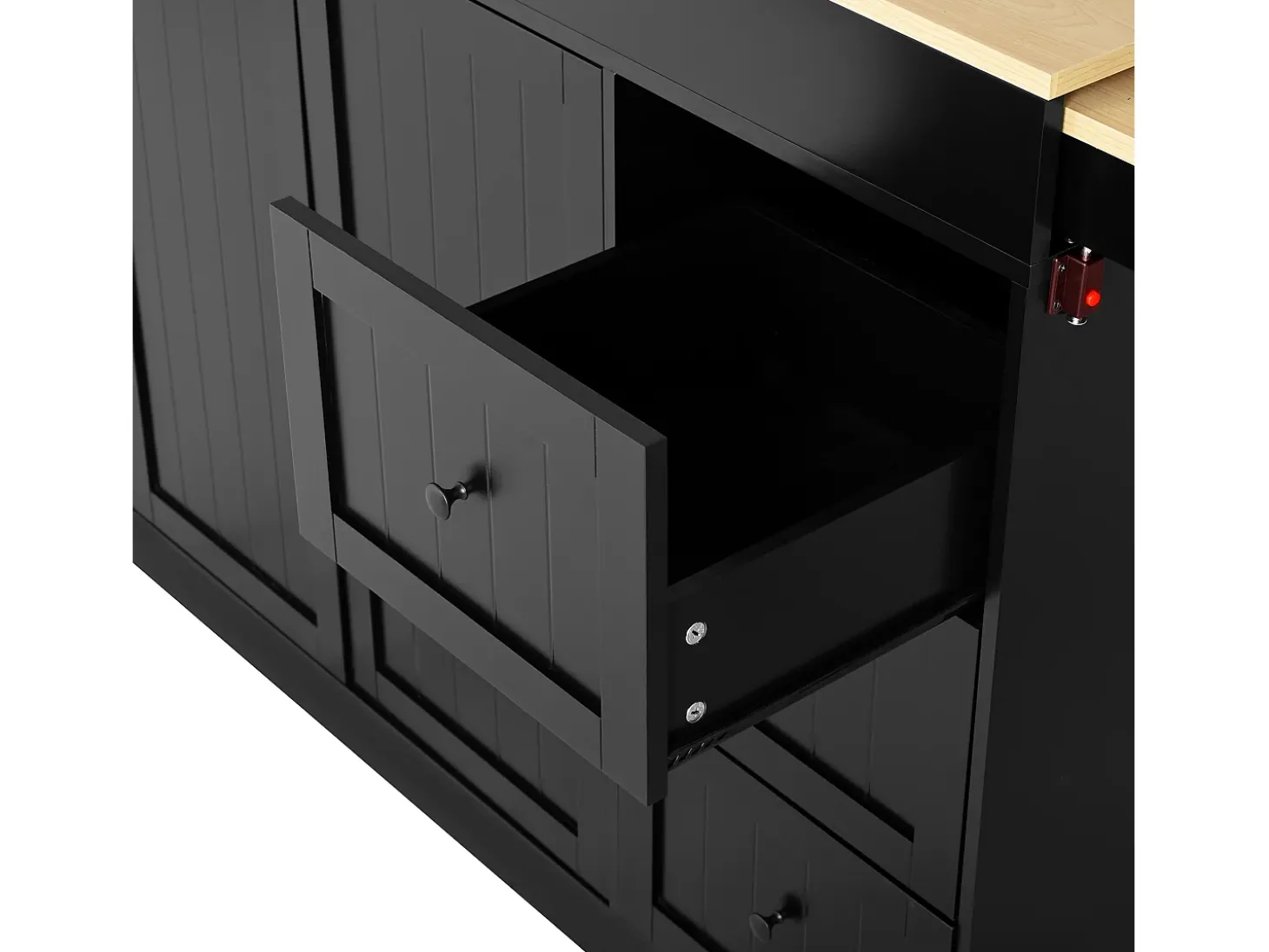 Isla central de cocina - mesa de comedor extensible - con 1 puerto USB y 1 puerto Type-C - con estante de especias y ruedas - Natural + Negro