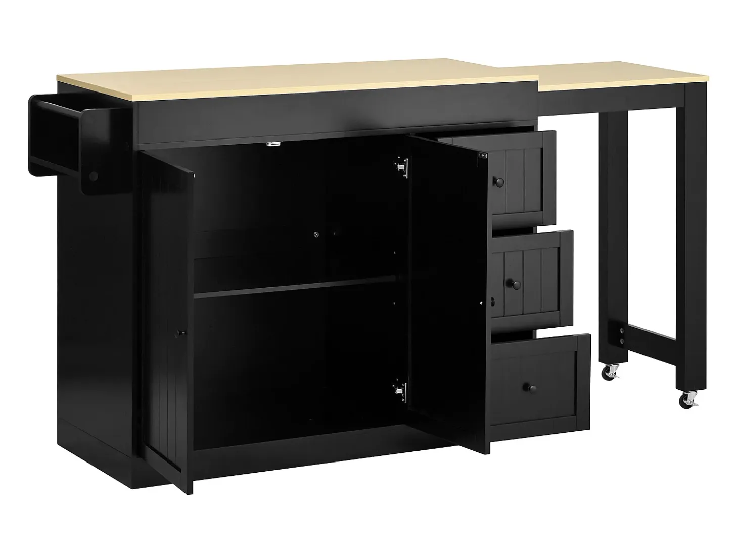 Isla central de cocina - mesa de comedor extensible - con 1 puerto USB y 1 puerto Type-C - con estante de especias y ruedas - Natural + Negro