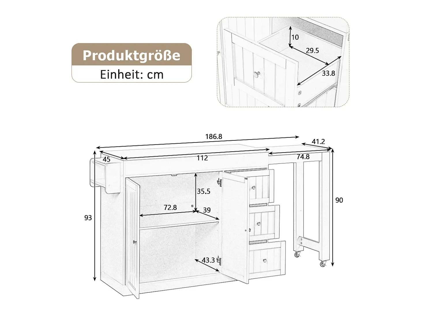 Isla central de cocina - mesa de comedor extensible - con 1 puerto USB y 1 puerto Type-C - con estante de especias y ruedas - Natural + Negro