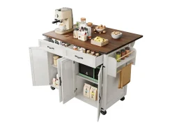 Isla central de cocina 4 puertas 2 cajones en MDF, con mesa plegable y 5 ruedas, Blanco - 140x45/73x93cm