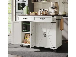 Isla central de cocina 4 puertas 2 cajones en MDF, con mesa plegable y 5 ruedas, Blanco - 140x45/73x93cm