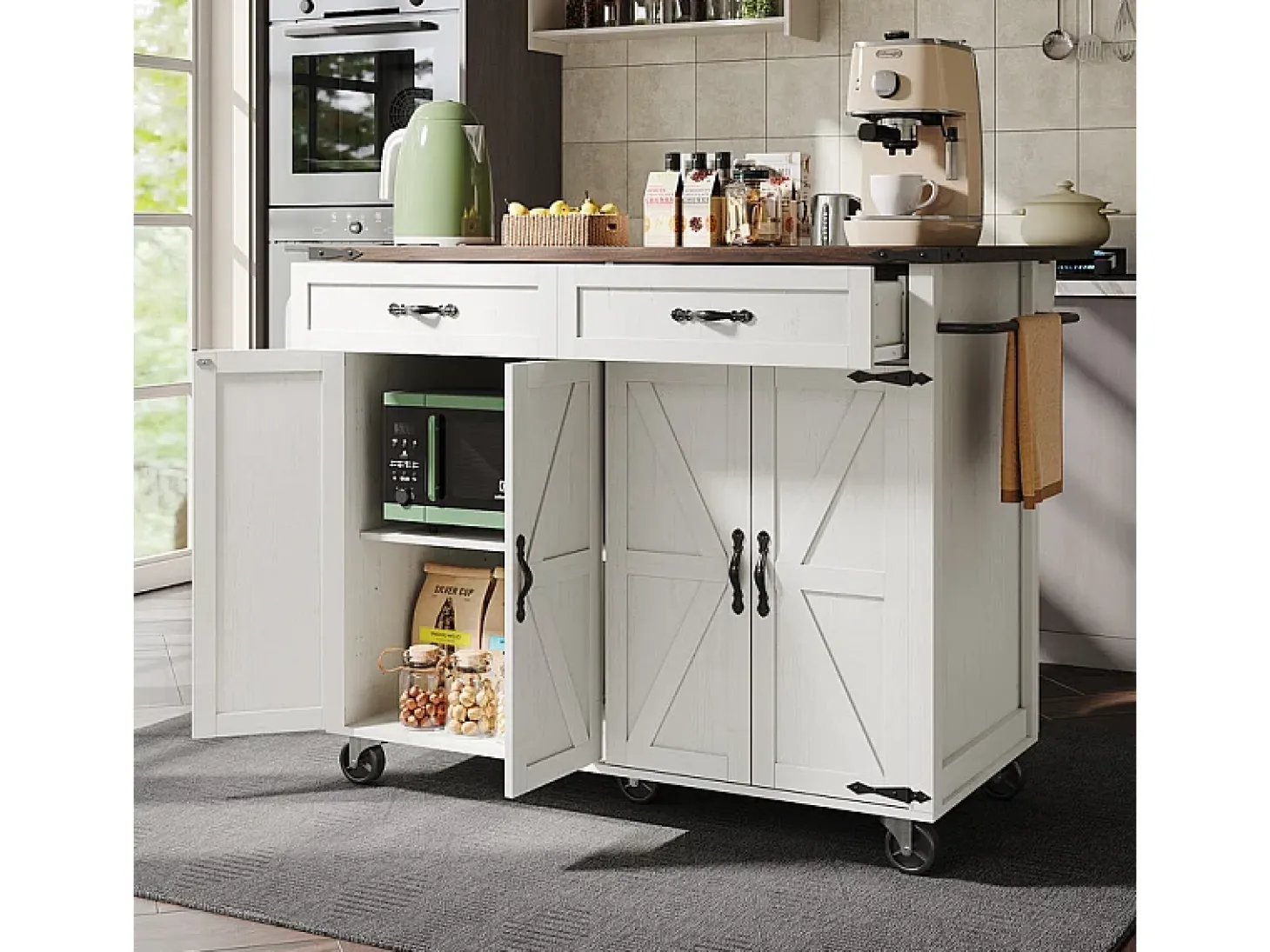 Isla central de cocina 4 puertas 2 cajones en MDF, con mesa plegable y 5 ruedas, Blanco - 140x45/73x93cm