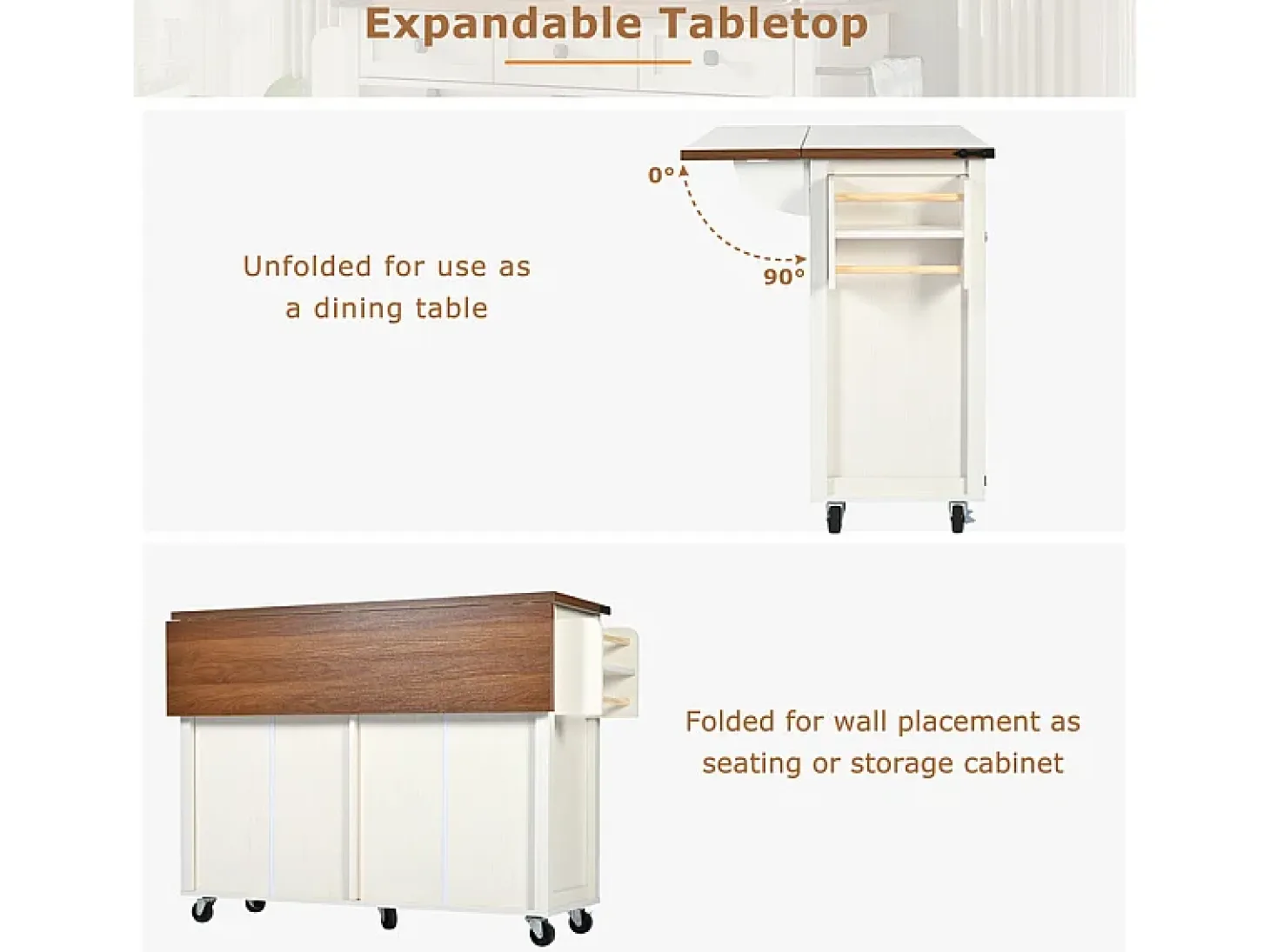 Isla central de cocina 4 puertas 2 cajones en MDF, con mesa plegable y 5 ruedas, Blanco - 140x45/73x93cm