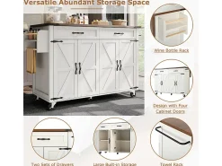 Isla central de cocina 4 puertas 2 cajones en MDF, con mesa plegable y 5 ruedas, Blanco - 140x45/73x93cm