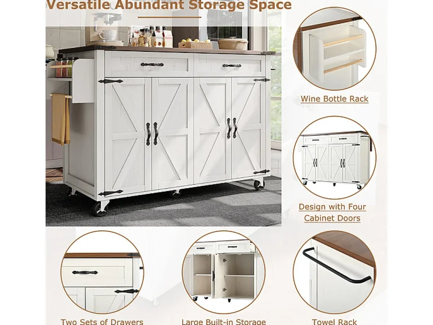 Isla central de cocina 4 puertas 2 cajones en MDF, con mesa plegable y 5 ruedas, Blanco - 140x45/73x93cm