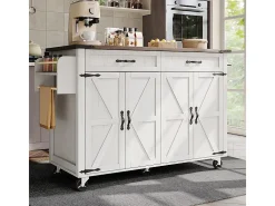 Isla central de cocina 4 puertas 2 cajones en MDF, con mesa plegable y 5 ruedas, Blanco - 140x45/73x93cm