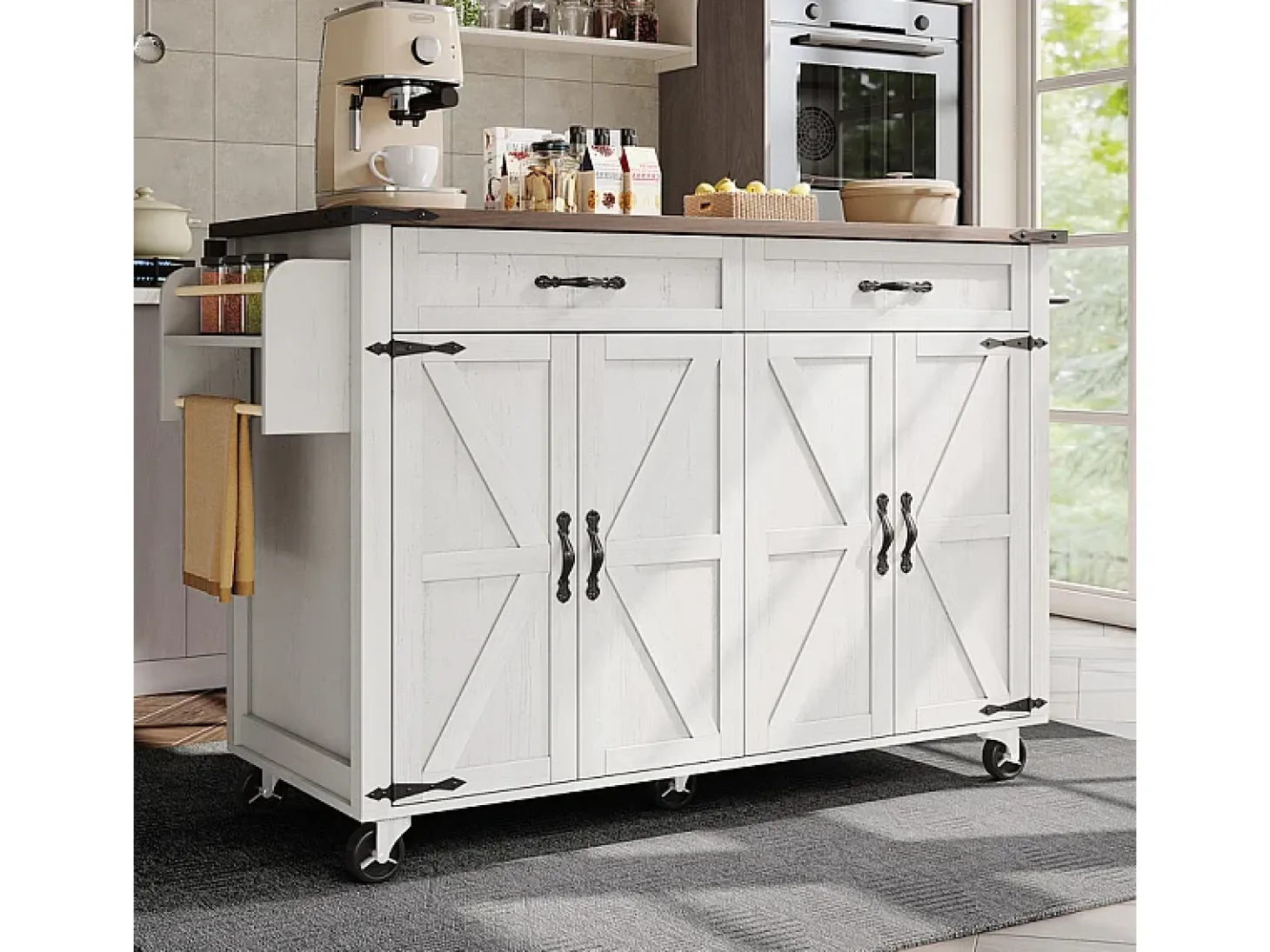 Isla central de cocina 4 puertas 2 cajones en MDF, con mesa plegable y 5 ruedas, Blanco - 140x45/73x93cm