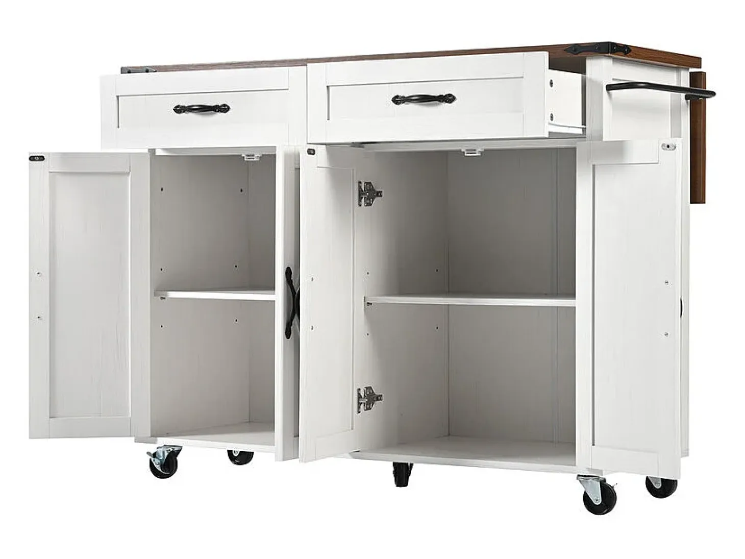 Isla central de cocina 4 puertas 2 cajones en MDF, con mesa plegable y 5 ruedas, Blanco - 140x45/73x93cm