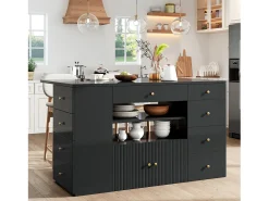 Isla central de cocina - Tablero extensible - 140x70x89cm - 3 puertas y 6 cajones - con taburetes - MDF - Negro