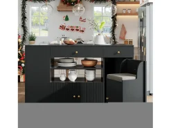 Isla central de cocina - Tablero extensible - 140x70x89cm - 3 puertas y 6 cajones - con taburetes - MDF - Negro