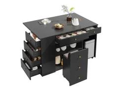 Isla central de cocina - Tablero extensible - 140x70x89cm - 3 puertas y 6 cajones - con taburetes - MDF - Negro