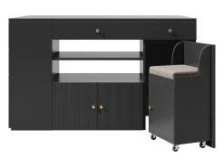 Isla central de cocina - Tablero extensible - 140x70x89cm - 3 puertas y 6 cajones - con taburetes - MDF - Negro