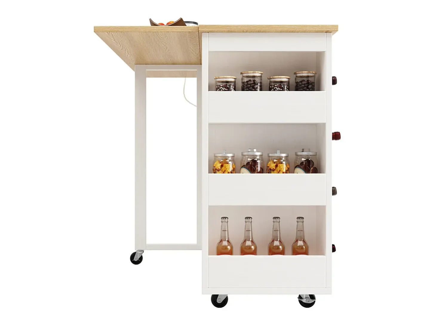 Isla central de cocina con estante para vino 2 cajones y 2 puertas - 2 enchufes - Blanco+natural - 131.5x43/76x90.7cm