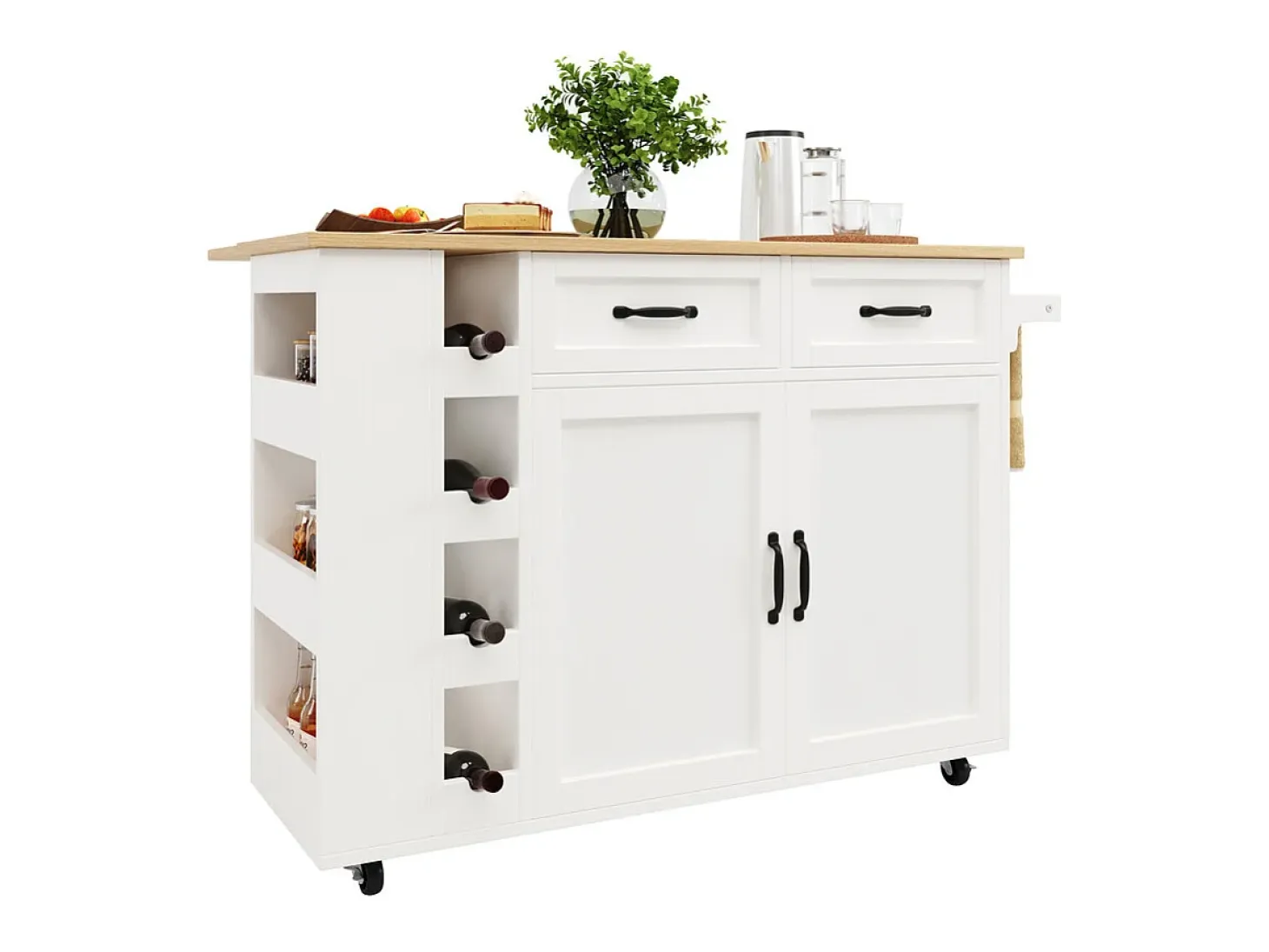 Isla central de cocina con estante para vino 2 cajones y 2 puertas - 2 enchufes - Blanco+natural - 131.5x43/76x90.7cm