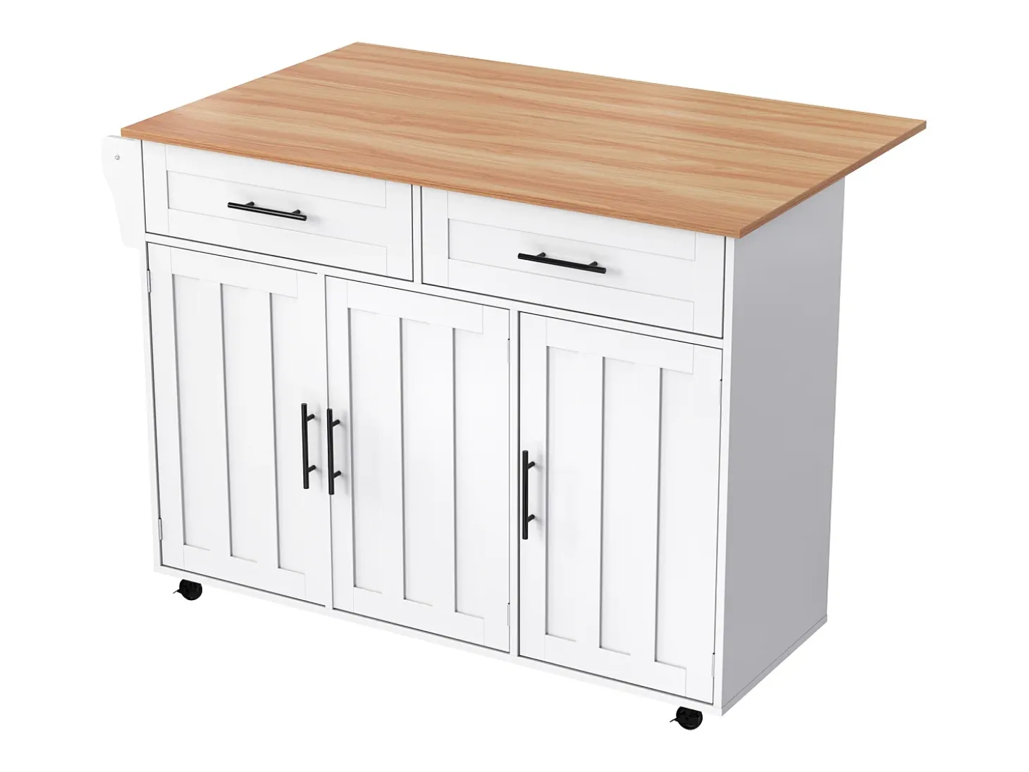Isla central de cocina móvil - Tablero extensible - 2 cajones + puertas de armario para almacenamiento - Blanco