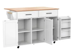 Isla central de cocina móvil - Tablero extensible - 2 cajones + puertas de armario para almacenamiento - Blanco