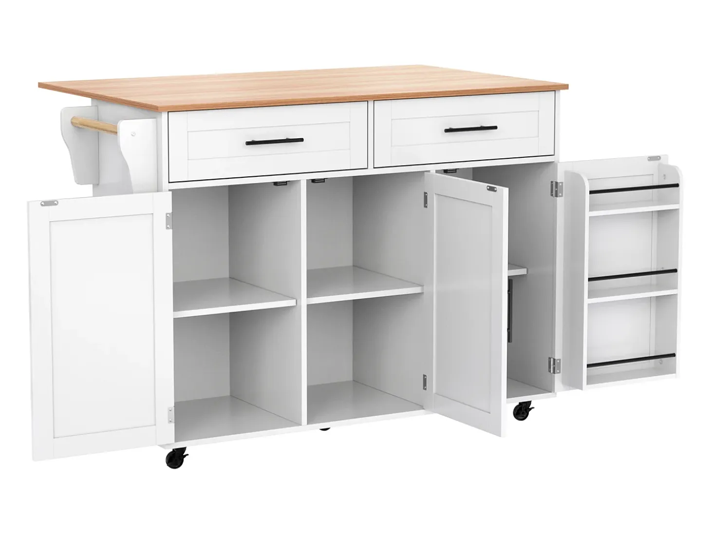 Isla central de cocina móvil - Tablero extensible - 2 cajones + puertas de armario para almacenamiento - Blanco