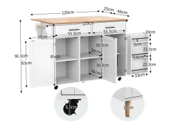 Isla central de cocina móvil - Tablero extensible - 2 cajones + puertas de armario para almacenamiento - Blanco