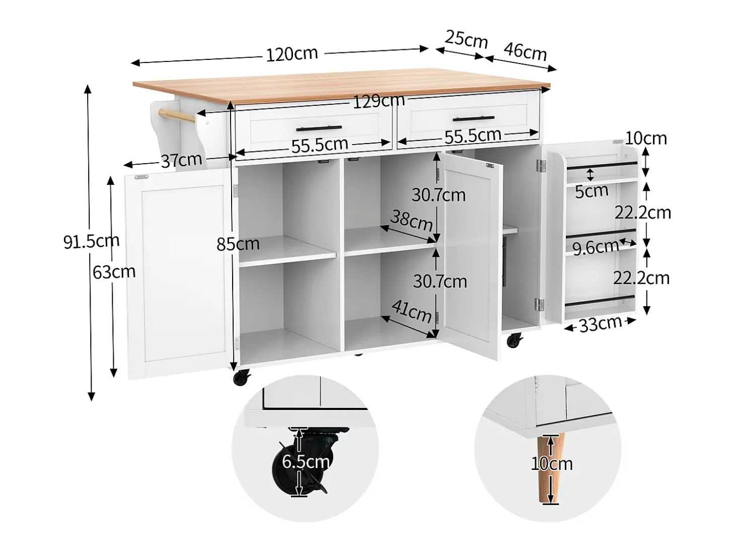 Isla central de cocina móvil - Tablero extensible - 2 cajones + puertas de armario para almacenamiento - Blanco