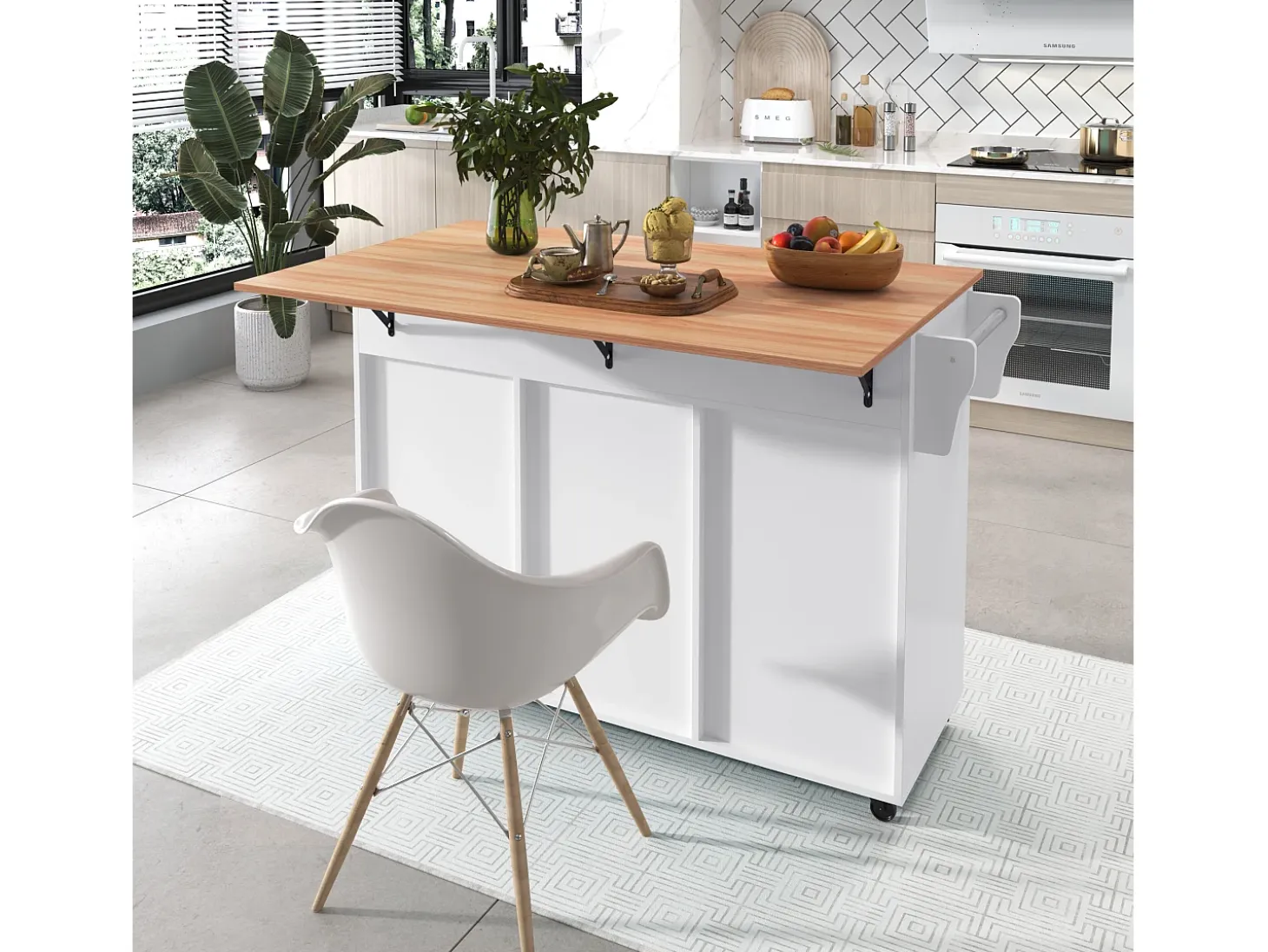 Isla central de cocina móvil - Tablero extensible - 2 cajones + puertas de armario para almacenamiento - Blanco