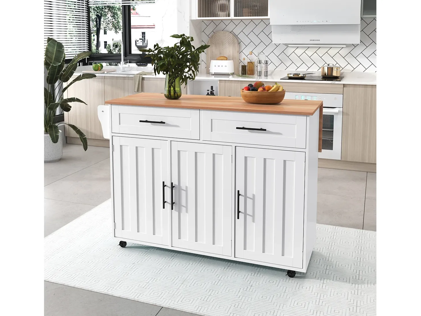 Isla central de cocina móvil - Tablero extensible - 2 cajones + puertas de armario para almacenamiento - Blanco