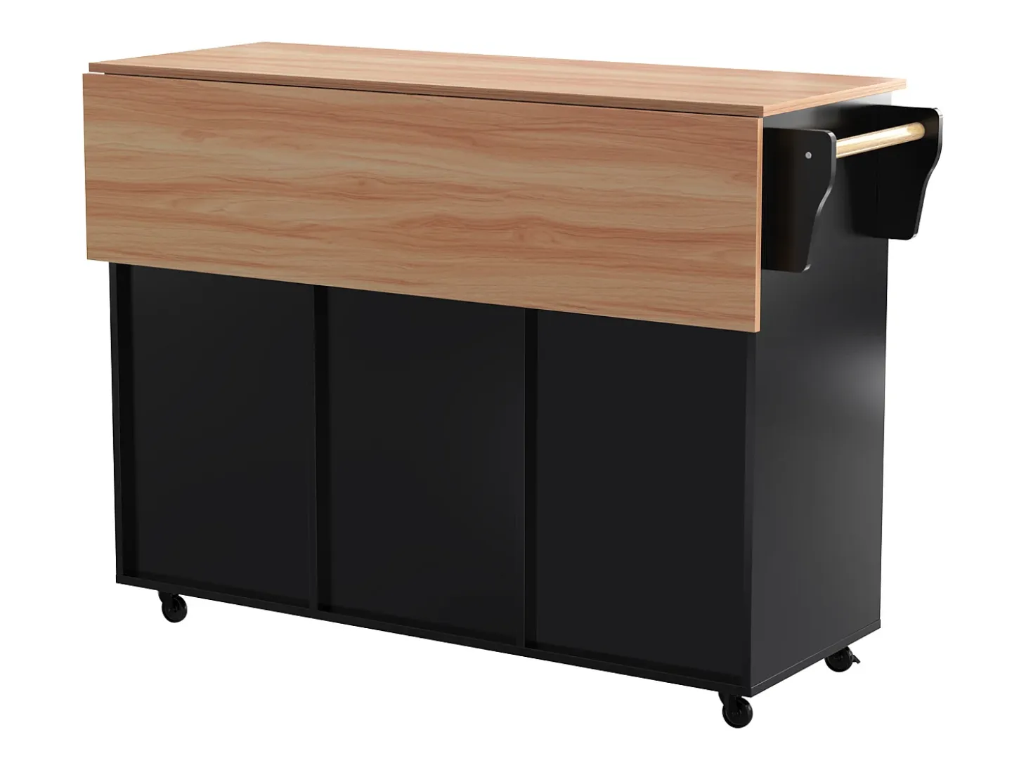 Isla central de cocina móvil - Tablero extensible - 2 cajones + puertas de armario para almacenamiento - Negro