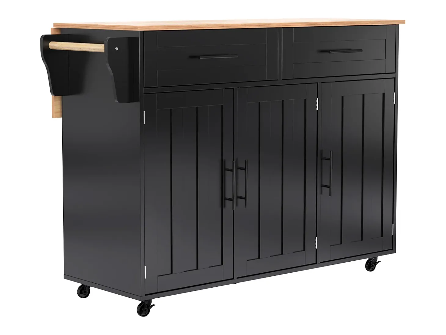 Isla central de cocina móvil - Tablero extensible - 2 cajones + puertas de armario para almacenamiento - Negro