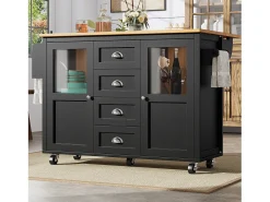 Isla central extensible - 137,9 x 45/73 x 93 cm - carro con ruedas + 2 puertas + 4 cajones - MDF + Metal - negro