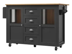 Isla central extensible - 137,9 x 45/73 x 93 cm - carro con ruedas + 2 puertas + 4 cajones - MDF + Metal - negro