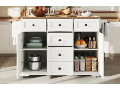 Isla central extensible - 147 x 44/70 x 93 cm - mueble móvil con 6 cajones + 2 puertas - MDF + metal - blanco