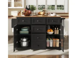 Isla central extensible - 147 x 44/70 x 93 cm - mueble móvil con 6 cajones + 2 puertas - MDF + metal - negro