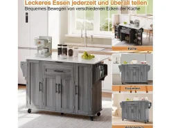 Isla central móvil con encimera extensible + 2 cajones + 4 puertas - 136 x 45/70 x 92 cm - MDF - gris