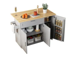 Isla central móvil con encimera abatible - 132,5 x 44 /70 x 90 cm - con 3 puertas + 1 cajón - MDF - gris