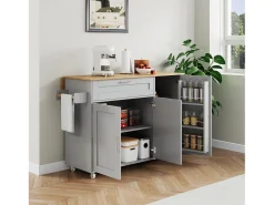 Isla central móvil con encimera abatible - 132,5 x 44 /70 x 90 cm - con 3 puertas + 1 cajón - MDF - gris
