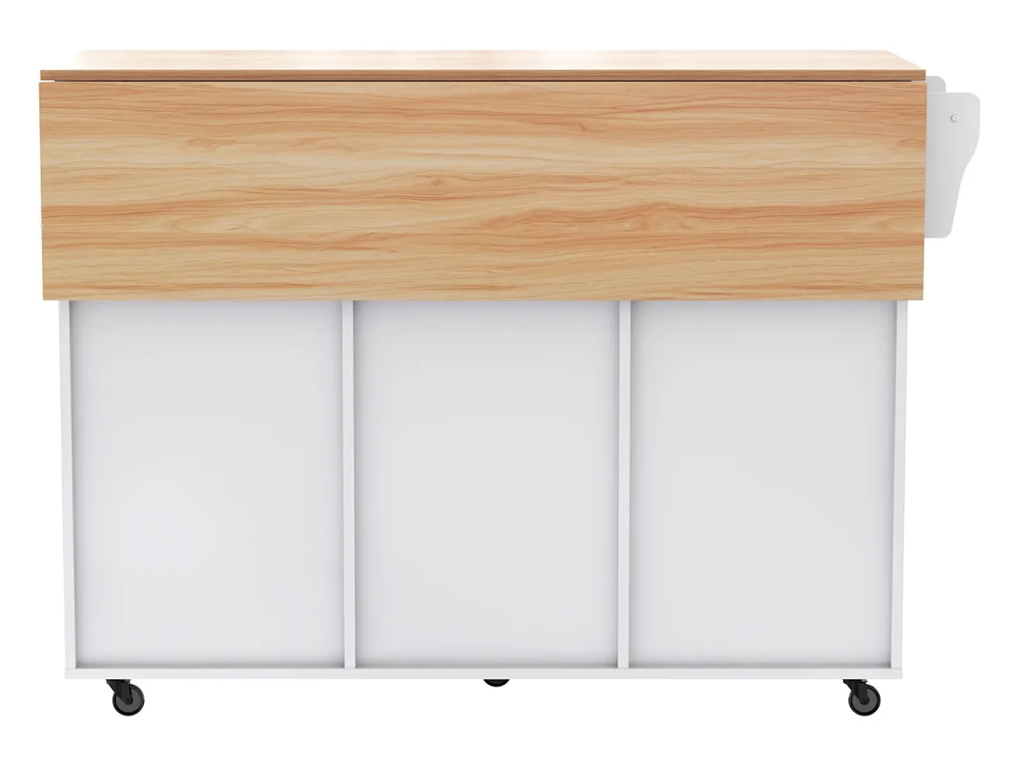 Isla central móvil con mesa plegable, 3 puertas y 2 cajones de almacenamiento - Blanco