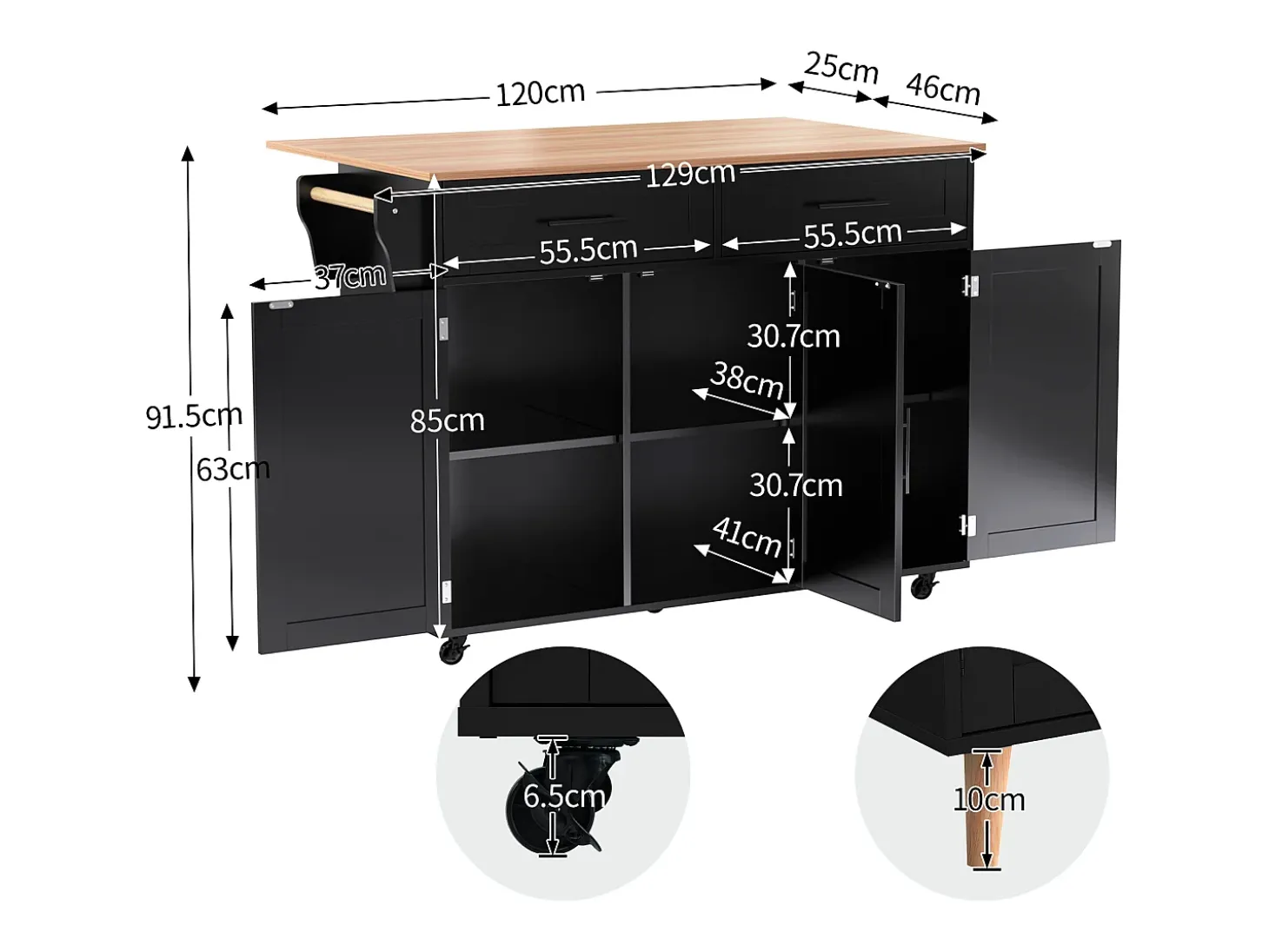 Isla central móvil con mesa plegable, 3 puertas y 2 cajones de almacenamiento - Negro
