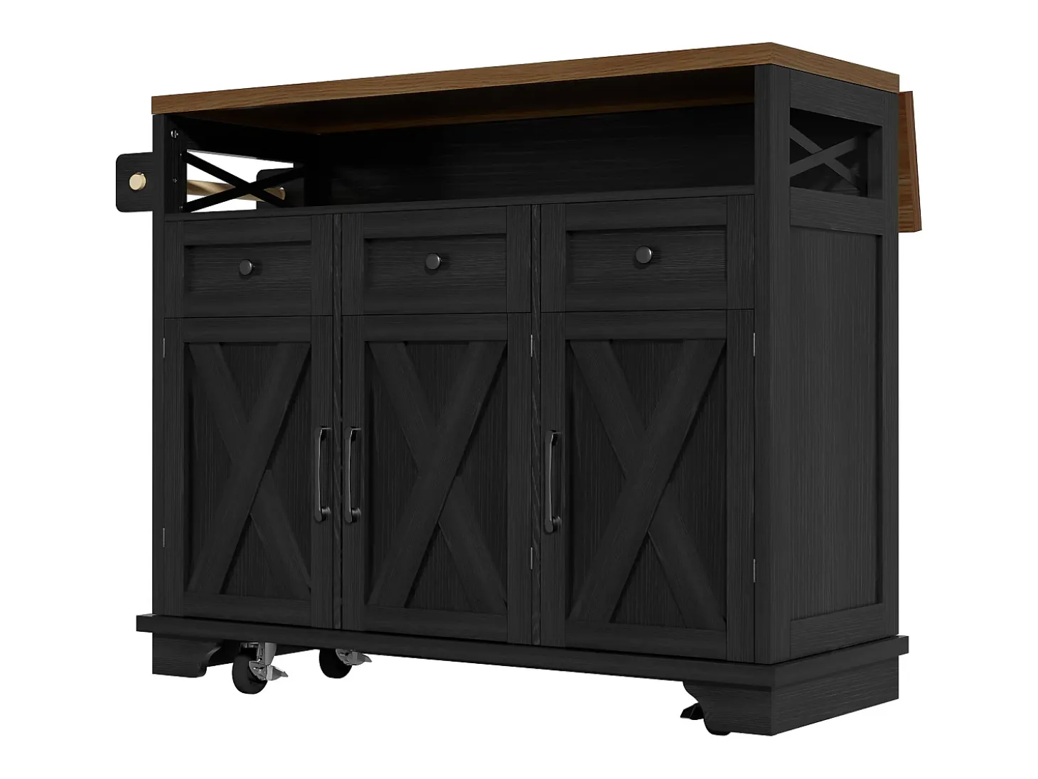 Isla central negra con encimera efecto madera, 3 cajones de almacenamiento y 3 puertas