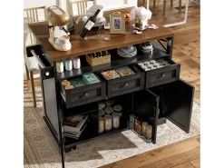 Isla central negra con encimera efecto madera, 3 cajones de almacenamiento y 3 puertas