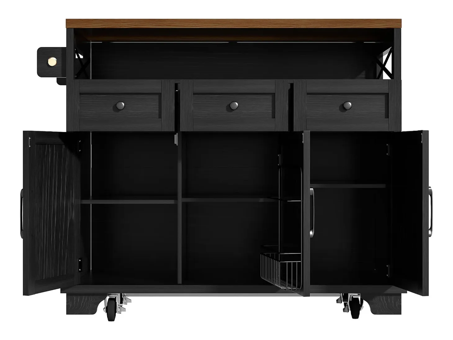 Isla central negra con encimera efecto madera, 3 cajones de almacenamiento y 3 puertas
