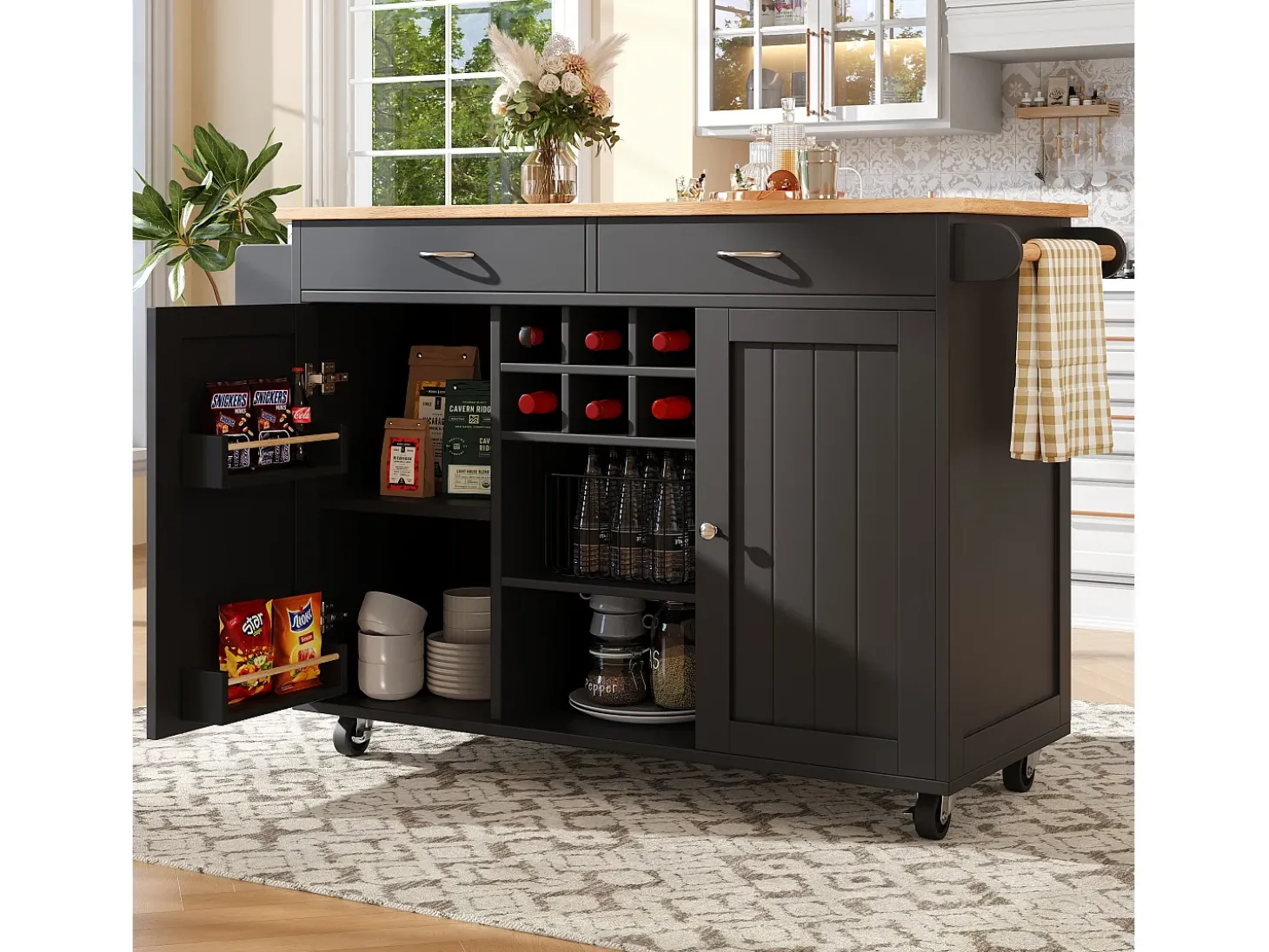 Isla de cocina 102 × 45 × 92 cm - Carrito de servicio con ruedas, 2 puertas y 2 cajones - Negro