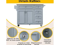 Isla de cocina - 110 x 45-75 x 92 cm - carrito de servicio extraíble - con 5 cajones + 2 puertas - MDF - azul