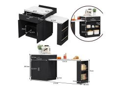 Isla de cocina - con USB - con 2 puertas y 2 cajones - Encimera extensible - Estantes abiertos - Blanco+negro